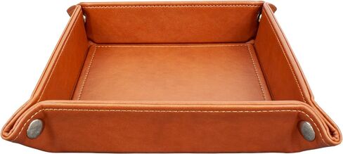 Eurow Portable Faux Leather Valet Tray with Corner Snaps, Catch-All Organizer for Desk, Dresser, Travel, Dice, Jewelry, Keys, and More, Durable, Foldable, Easy to Clean, Brown in Kuwait
