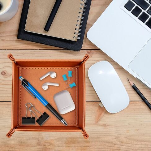 Eurow Portable Faux Leather Valet Tray with Corner Snaps, Catch-All Organizer for Desk, Dresser, Travel, Dice, Jewelry, Keys, and More, Durable, Foldable, Easy to Clean, Brown in Kuwait