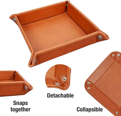 Eurow Portable Faux Leather Valet Tray with Corner Snaps, Catch-All Organizer for Desk, Dresser, Travel, Dice, Jewelry, Keys, and More, Durable, Foldable, Easy to Clean, Brown in Kuwait