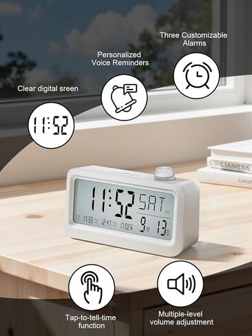 Medication Pill Reminder, Rechargeable Talking Alarm Clock with 3 Custom Voice Recording Alarms, Touch-to-Talk, a Digital Alarm Clocks Gift for Mom/Dad/Seniors/Elderly(White) in Kuwait