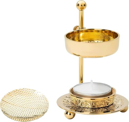 Handmade Gold Brass Incense Burner/Incense Censer with Sieve – Adjustable Height 4.33 Inch Adjustable Incense Heater for Aromatherapy with Tea Light Included (Gold Brass) in Kuwait