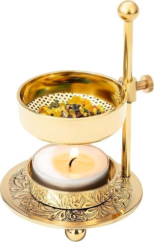 Handmade Gold Brass Incense Burner/Incense Censer with Sieve – Adjustable Height 4.33 Inch Adjustable Incense Heater for Aromatherapy with Tea Light Included (Gold Brass) in Kuwait