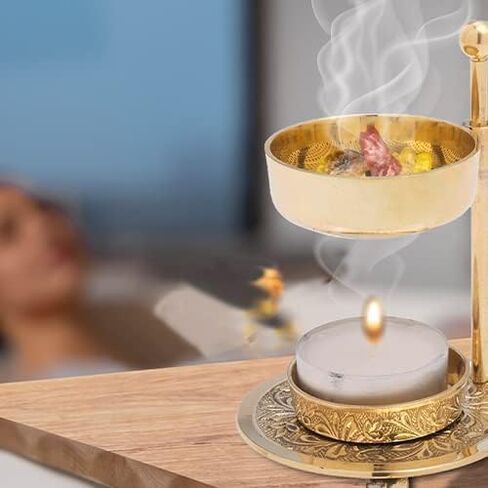 Handmade Gold Brass Incense Burner/Incense Censer with Sieve – Adjustable Height 4.33 Inch Adjustable Incense Heater for Aromatherapy with Tea Light Included (Gold Brass) in Kuwait