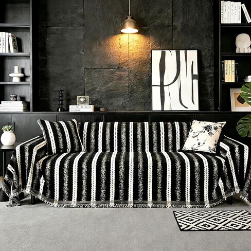Pet Couch Cover for Furniture Protector from Dog Rips, Non Slip Machine Washable Sofa Covers for 3 Cushion Couch,Black White Striped Sofa Cover with Tassel Fringe, Pet Friendly Couch Covers 71''x118'' in Kuwait
