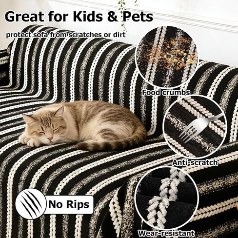 Pet Couch Cover for Furniture Protector from Dog Rips, Non Slip Machine Washable Sofa Covers for 3 Cushion Couch,Black White Striped Sofa Cover with Tassel Fringe, Pet Friendly Couch Covers 71''x118'' in Kuwait