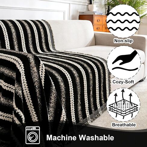 Pet Couch Cover for Furniture Protector from Dog Rips, Non Slip Machine Washable Sofa Covers for 3 Cushion Couch,Black White Striped Sofa Cover with Tassel Fringe, Pet Friendly Couch Covers 71''x118'' in Kuwait