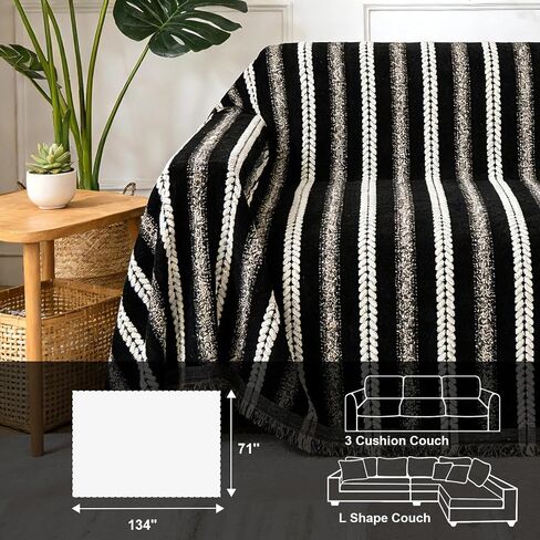 Pet Couch Cover for Furniture Protector from Dog Rips, Non Slip Machine Washable Sofa Covers for 3 Cushion Couch,Black White Striped Sofa Cover with Tassel Fringe, Pet Friendly Couch Covers 71''x118'' in Kuwait