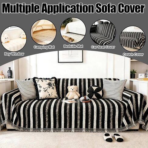 Pet Couch Cover for Furniture Protector from Dog Rips, Non Slip Machine Washable Sofa Covers for 3 Cushion Couch,Black White Striped Sofa Cover with Tassel Fringe, Pet Friendly Couch Covers 71''x118'' in Kuwait