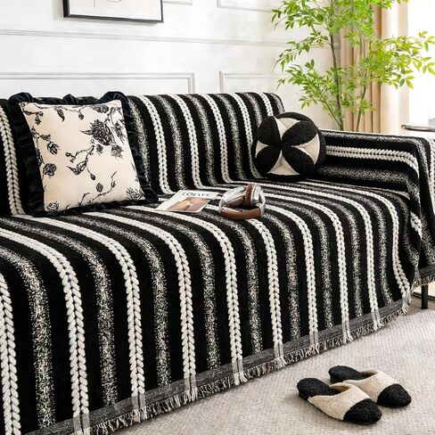 Pet Couch Cover for Furniture Protector from Dog Rips, Non Slip Machine Washable Sofa Covers for 3 Cushion Couch,Black White Striped Sofa Cover with Tassel Fringe, Pet Friendly Couch Covers 71''x118'' in Kuwait