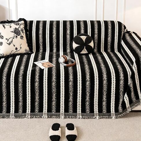 Pet Couch Cover for Furniture Protector from Dog Rips, Non Slip Machine Washable Sofa Covers for 3 Cushion Couch,Black White Striped Sofa Cover with Tassel Fringe, Pet Friendly Couch Covers 71''x118'' in Kuwait