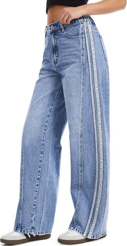 Tapata Women's 28"/30"/32"/34" Wide Leg Jeans Side Stripe Mid-Rise Elastic Waist Denim Pants Trendy Baggy Loose Trousers in Saudi Arabia