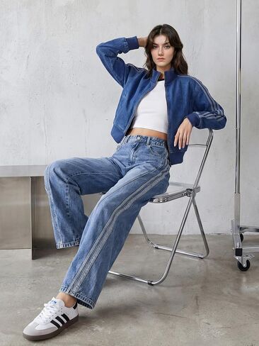 Tapata Women's 28"/30"/32"/34" Wide Leg Jeans Side Stripe Mid-Rise Elastic Waist Denim Pants Trendy Baggy Loose Trousers in Saudi Arabia