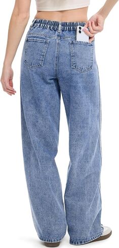 Tapata Women's 28"/30"/32"/34" Wide Leg Jeans Side Stripe Mid-Rise Elastic Waist Denim Pants Trendy Baggy Loose Trousers in Saudi Arabia