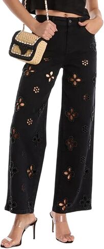 Unybwonn Straight Leg Jeans for Women High Waisted Wide Leg Hollow Rhinestone Floral Denim Pants Pearl Glitter Trousers in Saudi Arabia