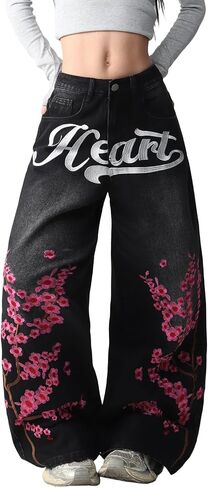 Women's Wide Leg Baggy Jeans Casual Relaxed Fit Y2k Hip Hop Floral Embroidered Denim Pants Streetwear in Saudi Arabia