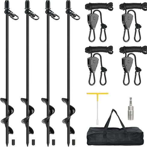 Tent Stakes Heavy Duty Ground Anchors Screw in, 17.7 Inch Set of 8 Earth Anchor with 8PCS Retractable Heavy Duty Ratchet Tie Down, Swing Set Anchors for Tent, Trampoline, Mobile Home, Sheds in Kuwait