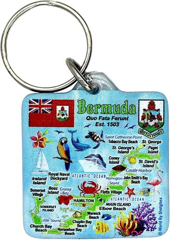 World By Shotglass Bermuda Map Acrylic Square Souvenir Keychain 1.5" X 1.5" in Kuwait