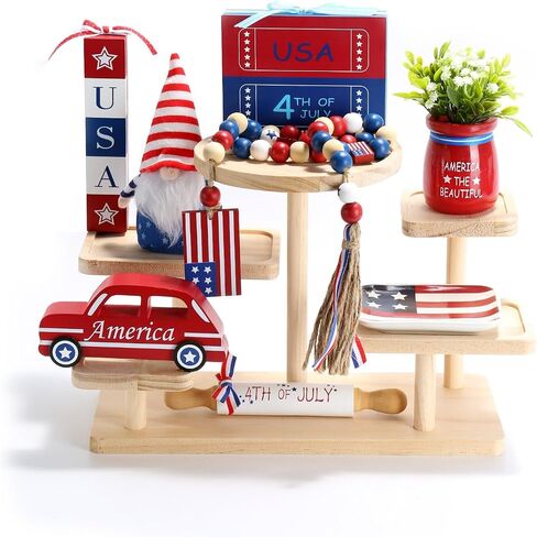 4th of July Decorations Patriotic Tiered Tray Decor Set, 8 Pcs Fourth of July Memorial Day Decorations for Home Office Independence Day Centerpieces for Table Shelf Tray Red White and Blue Decor in Saudi Arabia