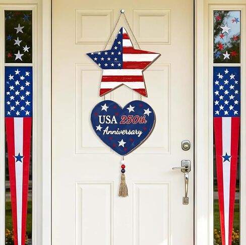 4th of July Decorations Patriotic Decorations Pentagram Heart Patriotic Wreath Hanging Sign Wooden USA 250th Anniversary Wreaths for Front Door Rustic Decorations Sign with Tassel for Memorial Day Independence Day Porch Wall Indoor Home Decor in Saudi Arabia