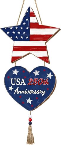 4th of July Decorations Patriotic Decorations Pentagram Heart Patriotic Wreath Hanging Sign Wooden USA 250th Anniversary Wreaths for Front Door Rustic Decorations Sign with Tassel for Memorial Day Independence Day Porch Wall Indoor Home Decor in Saudi Arabia