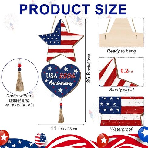 4th of July Decorations Patriotic Decorations Pentagram Heart Patriotic Wreath Hanging Sign Wooden USA 250th Anniversary Wreaths for Front Door Rustic Decorations Sign with Tassel for Memorial Day Independence Day Porch Wall Indoor Home Decor in Saudi Arabia