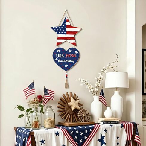 4th of July Decorations Patriotic Decorations Pentagram Heart Patriotic Wreath Hanging Sign Wooden USA 250th Anniversary Wreaths for Front Door Rustic Decorations Sign with Tassel for Memorial Day Independence Day Porch Wall Indoor Home Decor in Saudi Arabia