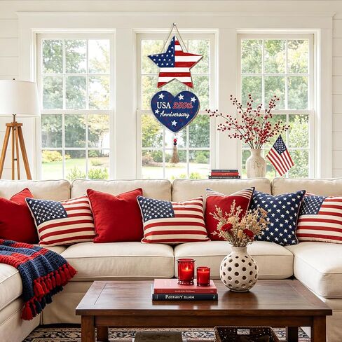 4th of July Decorations Patriotic Decorations Pentagram Heart Patriotic Wreath Hanging Sign Wooden USA 250th Anniversary Wreaths for Front Door Rustic Decorations Sign with Tassel for Memorial Day Independence Day Porch Wall Indoor Home Decor in Saudi Arabia