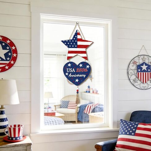 4th of July Decorations Patriotic Decorations Pentagram Heart Patriotic Wreath Hanging Sign Wooden USA 250th Anniversary Wreaths for Front Door Rustic Decorations Sign with Tassel for Memorial Day Independence Day Porch Wall Indoor Home Decor in Saudi Arabia