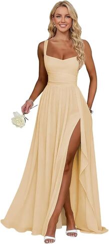 Ruffle Chiffon Bridesmaid Dress Long Square Neck Pleated Formal Gowns with Slit IMR042 in Saudi Arabia