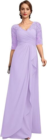 Lace Chiffon Mother of The Bride Dresses for Women Long Beaded V Neck A Line Formal Evening Ball Gown with Sleeves in Saudi Arabia