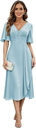 Lace Applique Mother of The Bride Dresses for Wedding Tea Length Chiffon Prom Cocktail Gown in Kuwait
