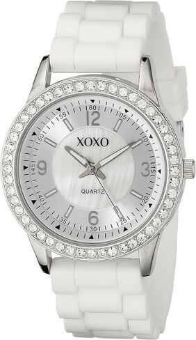 XOXO Women's Rhinestone Bezel Watch with White Silicone Strap, Mother-of-Pearl Sunray Dial, Quartz Movement, 40mm Stainless Steel Case, Fits Wrists 5.5" to 8" in Kuwait