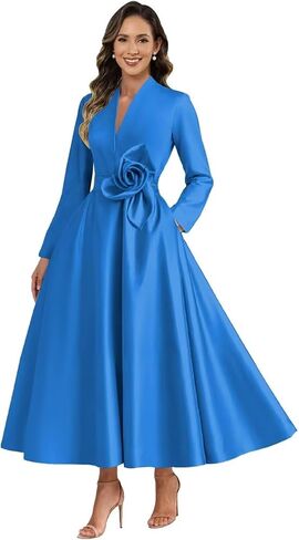 3D Flower Satin Mother of The Bride Dresses Tea Length for Wedding Long Sleeve Formal Evening Gown with Pockets in Saudi Arabia