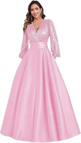 A-Line Satin Mother of The Bride Dresses for Women Sparkly Sequin Long Sleeve Flowy Puffy Formal Dress with Pockets in Saudi Arabia
