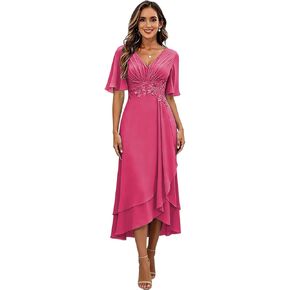Midi Length Mother of The Bride Dresses for Women Short Sleeve Formal Wedding Guest Dress Lace Applique Evening Gowns in Saudi Arabia