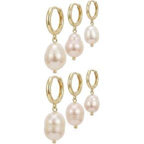3 Pairs Huggie Hoop Pearl Earrings for Women, 14K Gold Plated Drop Dangle Earring Stackable Dainty Trendy Jewelry Set in Saudi Arabia