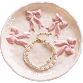 Ceramic Jewelry Tray Ring Dish Holder for Women, Trinket Plate Bowl with Pink Bow, Large Jewelry Organizer for Vanity Decor, Home Decoration for Her Mother's Day in Saudi Arabia