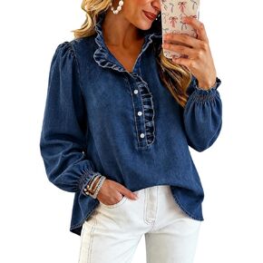 Denim Shirt Women Puff Long Sleeve Jean Shirt Half Button Neck Ruffle Top Peplum Denim Top Dressy Loose Fit Tunic Tops in Saudi Arabia