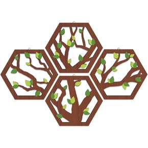 HOURIA 4 Pcs Wooden Tree of Life Wall Art, Rustic Green Leaves Hollow Brown Wall Hanging Decor for Living Room,8"*10"Abstract Modern Family Tree Wood Wall Sculpture for Farmhouse Bedroom Nursery in Saudi Arabia