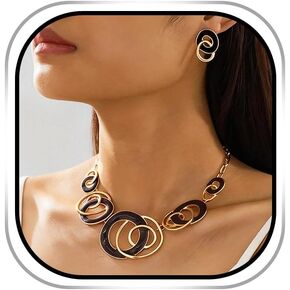 Foyte Gold Black Necklace Jewelry Set Irregular Pendant Necklace Chunky Vintage Necklace and Earring for Women in Saudi Arabia