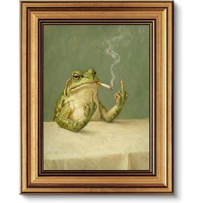 Gold Framed Wall Art, Vintage Funny Frog Smoking Canvas Prints – Funky Frog Middle Finger Pictures Decor, Eclectic Whimsical Animal Artwork for Dorm Bedroom Living Room 9x11 inch in Saudi Arabia