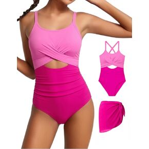 Girls Swimsuit One Piece Cutout Ruched Bathing Suit with Cover Up Skirt Adjustable Straps Pad Swimwear for Girls 9-16Y in Saudi Arabia