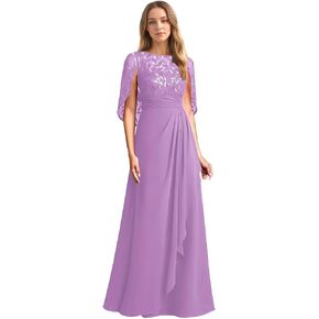 Chiffon Mother of The Bride Dress Laces Appliques Cape Sleeve Long Ruffle Formal Evening Dress WT018 in Saudi Arabia