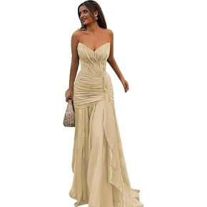 Strapless Chiffon Prom Dresses for Women Sweetheart Neck Sleeveless Pleated Ruffle Formal Evening Gown in Saudi Arabia