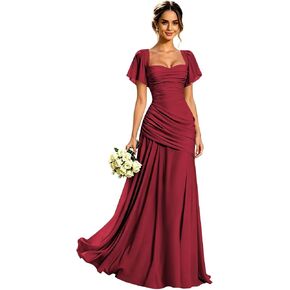 Chiffon Bridesmaid Dress with Short Sleeve Square Neck Ruched Pleated A Line Long Evening Formal Gowns for Women in Saudi Arabia