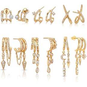 6 Pairs Gold Stud Dangle Earrings for Women Triple Huggie Hoop Earrings for One Hole Stacked Earring Lightweight Wedding Earring Brides Women Trendy Jewelry Gifts in Saudi Arabia