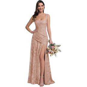 Square Neck Floral Lace Bridesmaid Dresses for Women Long Pleated Formal Evening Gowns with Slit in Saudi Arabia