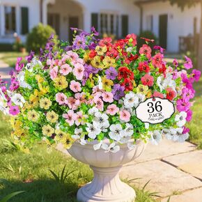 Alotiki Artificial Fake Flowers for Outdoor Plants Decoration,2 Pcs Faux Petunias Flowers Plants UV Resistant Silk for Porch Yard Garden Home Indoor Decor(Purple White) in Saudi Arabia
