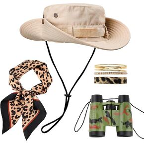 Carreuty 4 Pcs Women Safari Costume Outfit Sun Bucket Hat Leopard Scarf Leopard Bracelet Binocular Zoo Keeper Outfit Accessories Safari Accessories Set for Halloween Cosplay in Saudi Arabia