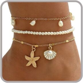 Sora Tuki Ankle Bracelets for Women Gold Plated Anklets for Women Waterproof Boho Seashell Starfish Conch Shell Anklet Bracelet Beach Accessories Pearl Beaded Anklets Hawaiian Summer Foot Jewelry in Saudi Arabia